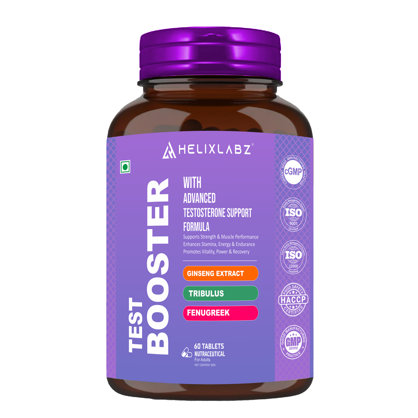 Helixlabz Test Booster Tablets for Men – Advanced Testosterone Support with Ginseng, Tribulus & Fenugreek (60 Tablets)
