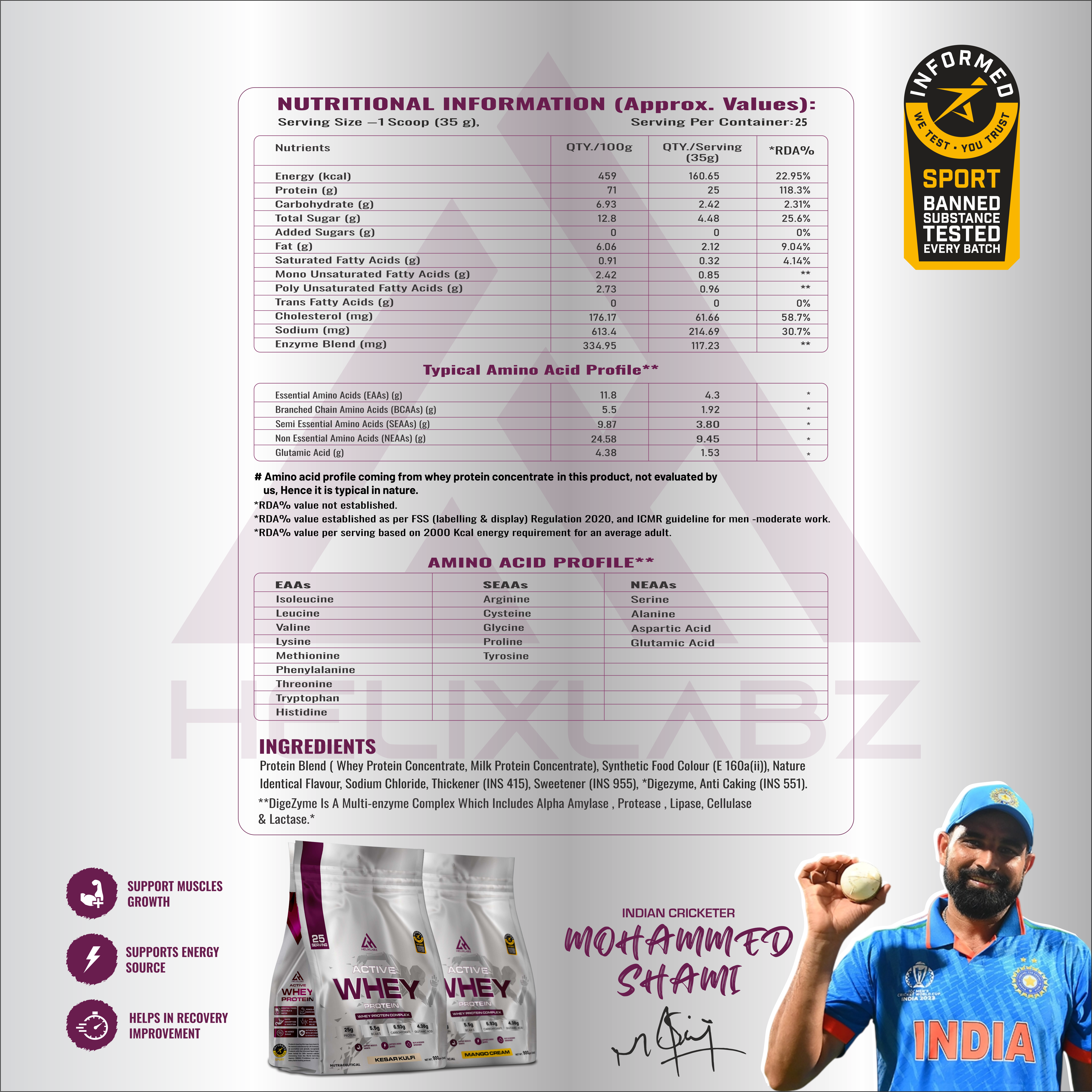 HelixLabz Active Whey Protein | Informed Sport Certified - 900Gm (2Lbs), 25 Servings