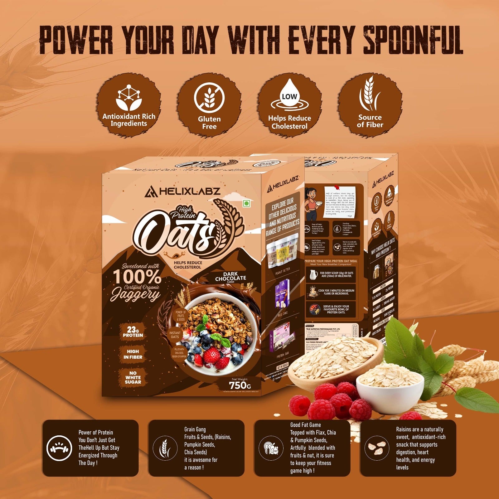 Helix High Protein Oats – Dark Chocolate 750g | Protein Oats for Daily Nutrition