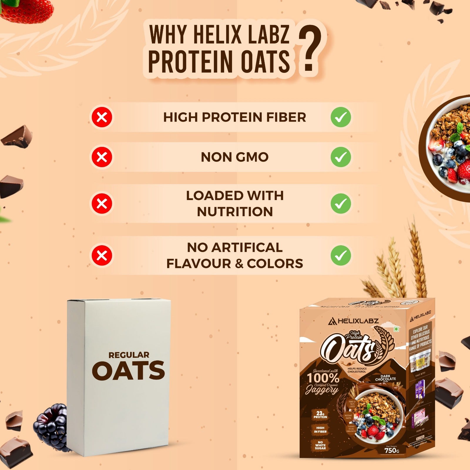 Helix High Protein Oats – Dark Chocolate 750g | Protein Oats for Daily Nutrition