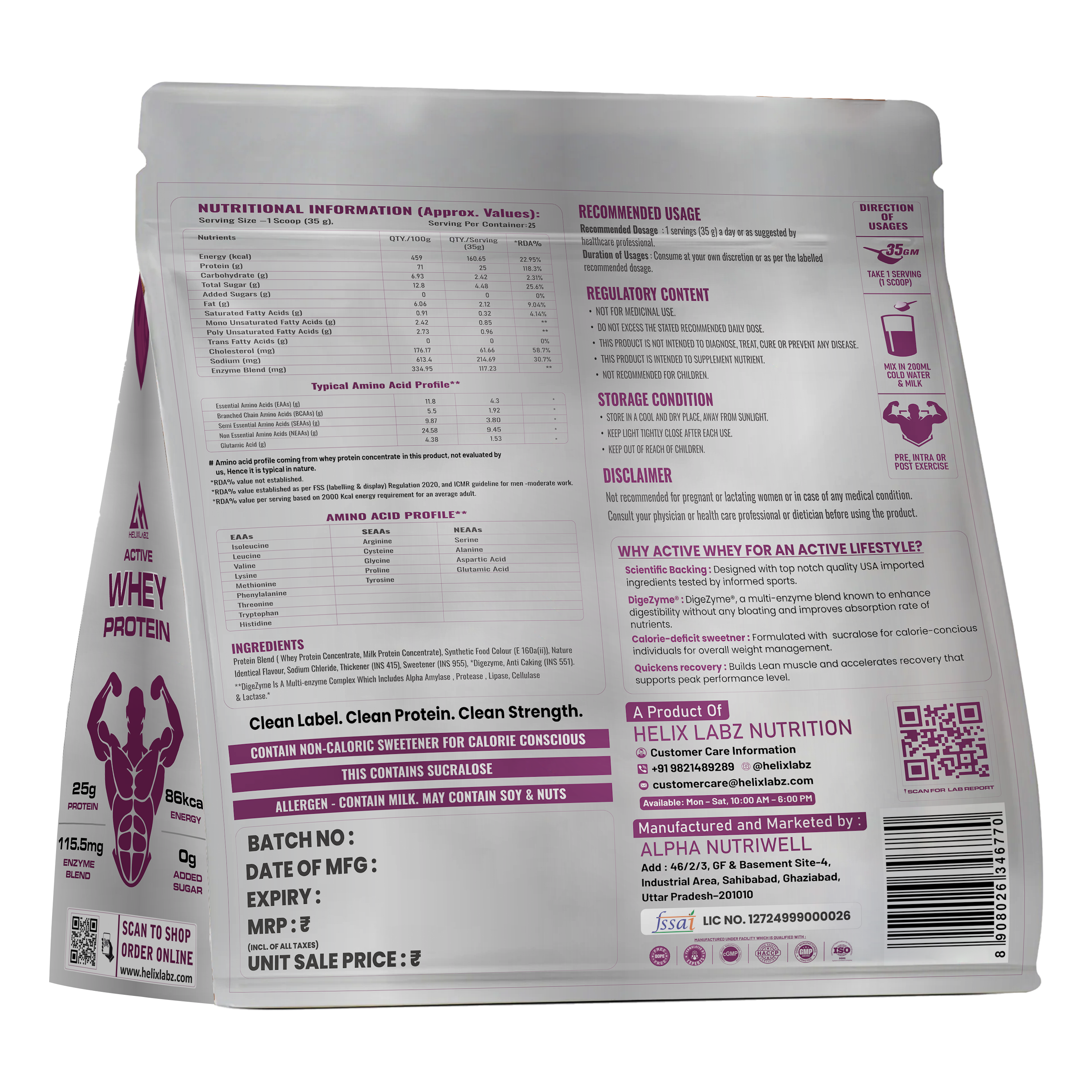 HelixLabz Active Whey Protein | Informed Sport Certified - 900Gm (2Lbs), 25 Servings