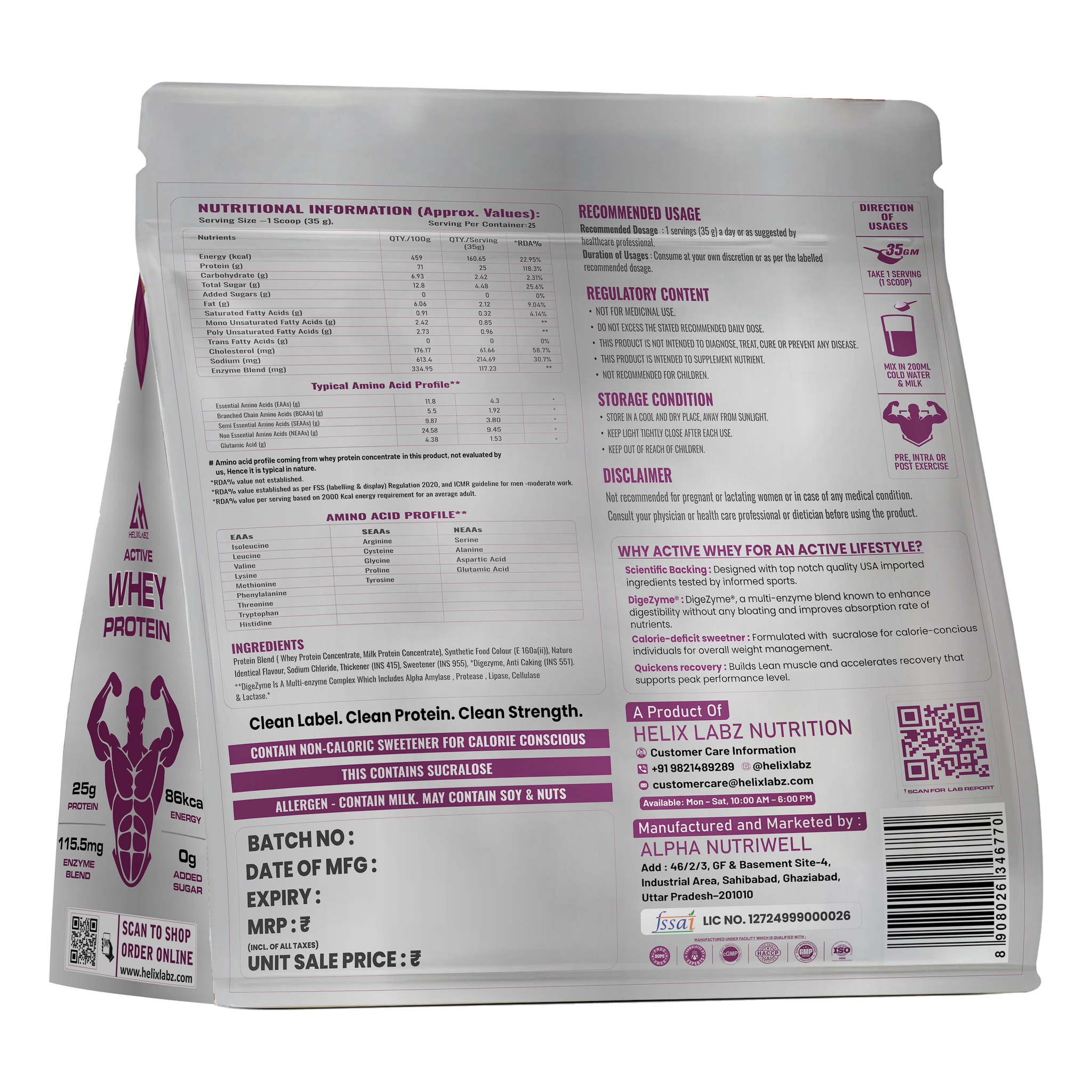 HelixLabz Active Whey Protein | Informed Sport Certified - 900Gm (2Lbs), 25 Servings