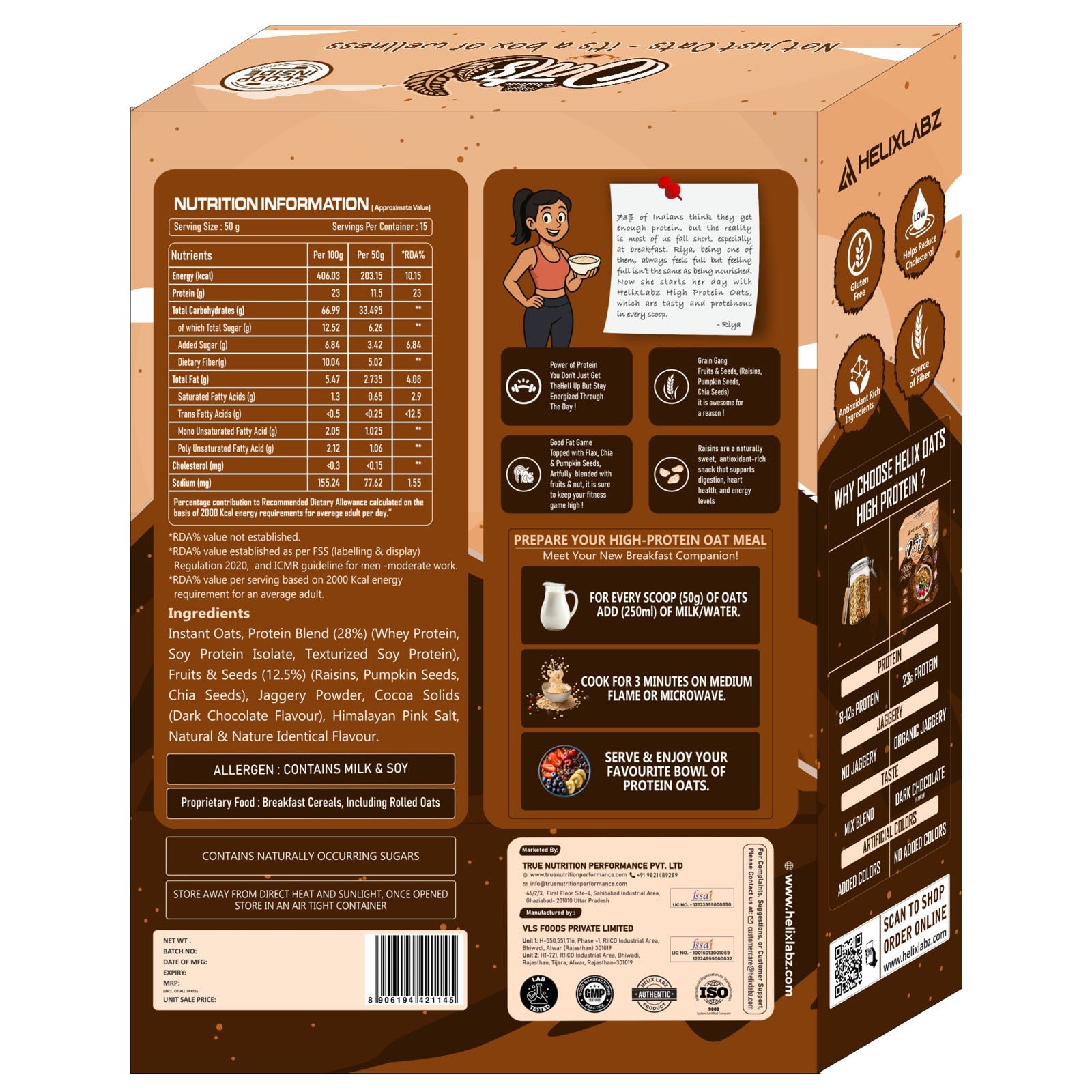 Helix High Protein Oats – Dark Chocolate 750g | Protein Oats for Daily Nutrition