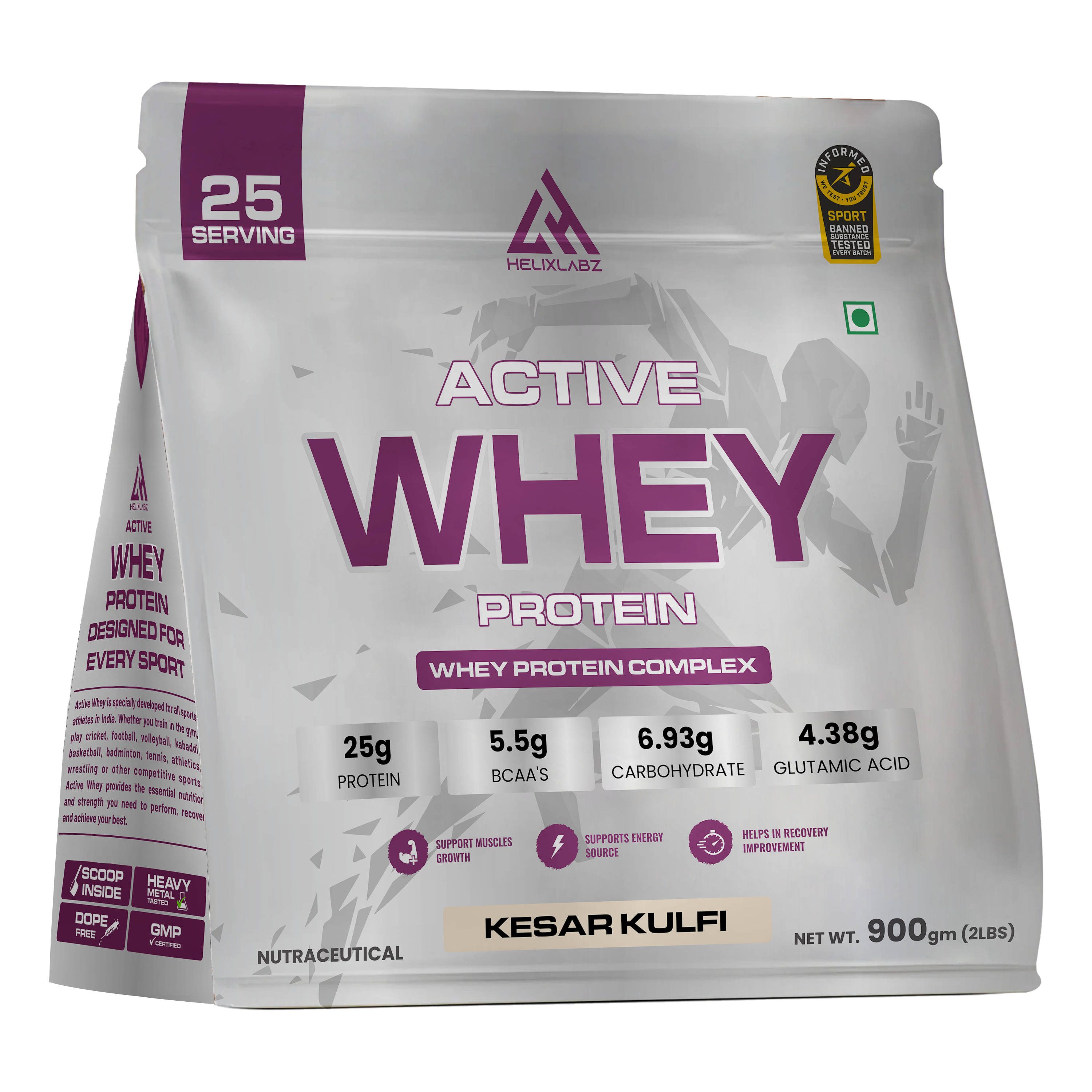 HelixLabz Active Whey Protein | Informed Sport Certified - 900Gm (2Lbs), 25 Servings