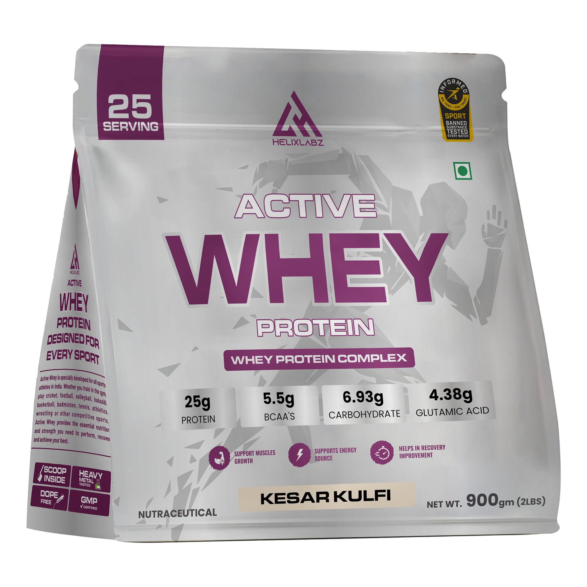 HelixLabz Active Whey Protein | Informed Sport Certified - 900Gm (2Lbs), 25 Servings