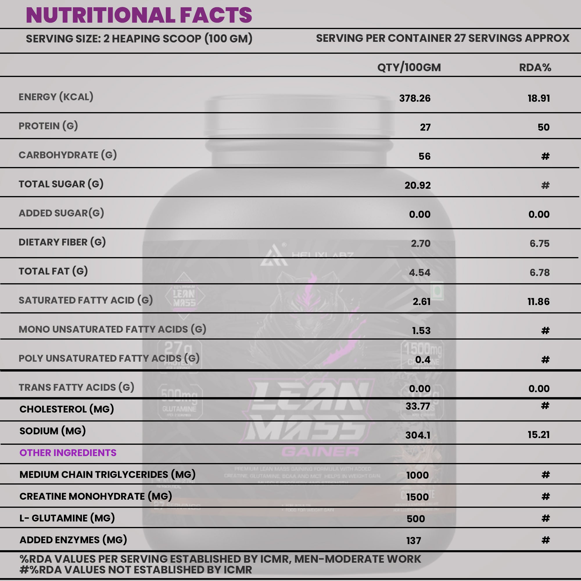 Helix Lean Mass Gainer- 2.7KG(6Lbs), 27 SERVINGS