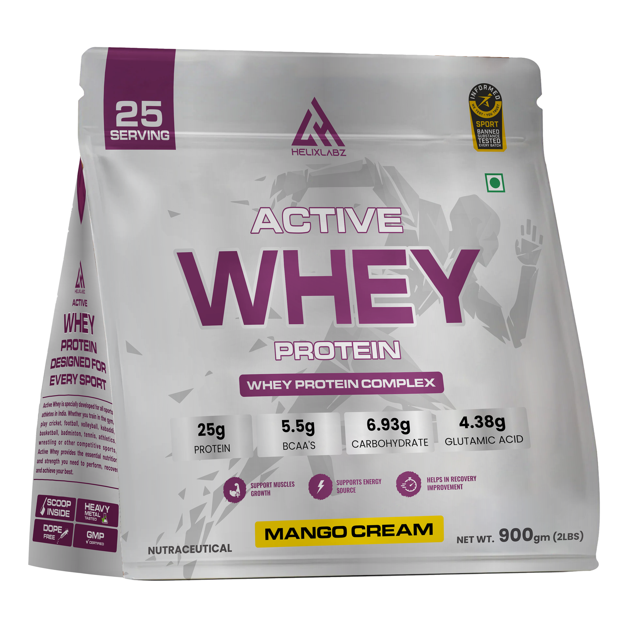HelixLabz Active Whey Protein | Informed Sport Certified - 900Gm (2Lbs), 25 Servings