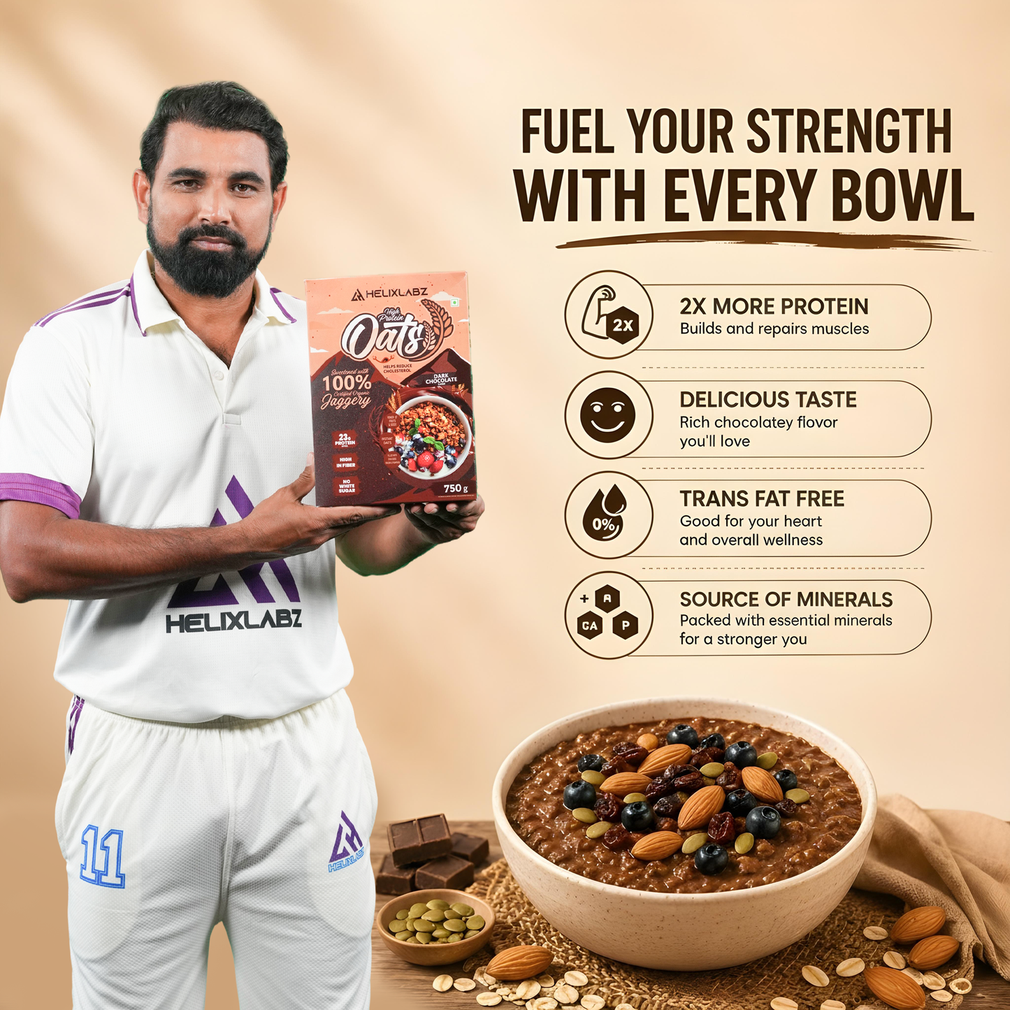 Helix High Protein Oats – Dark Chocolate 750g | Protein Oats for Daily Nutrition